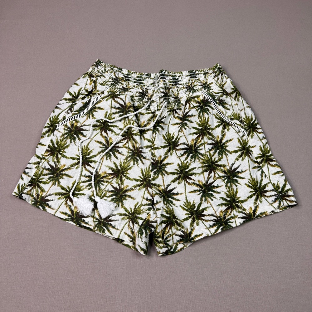 Briggs Women Green White Palm Tree Tropical Smocked Waist Tassel Shorts Large
